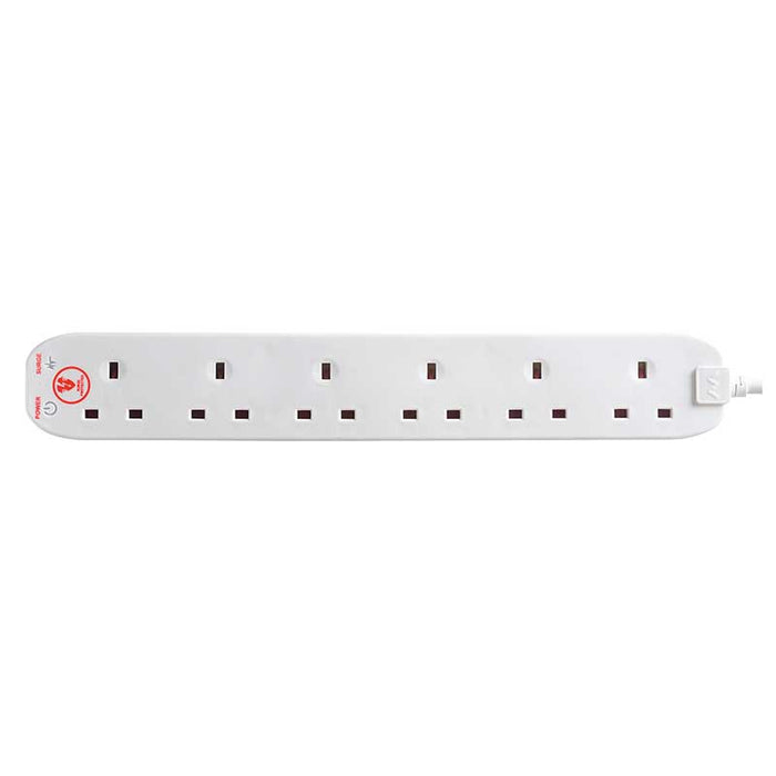 Masterplug 6 Socket 2m 13A Surge Extension Lead White - westbasedirect.com