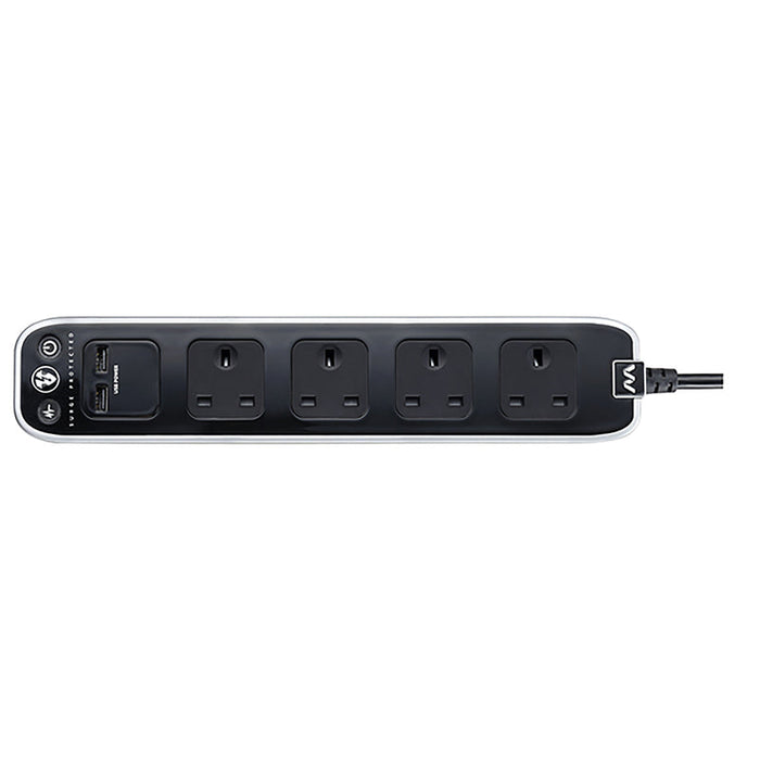 Masterplug 4 Socket 2m 13A + 2xUSB Switched Surge Extension Lead Gloss Black - westbasedirect.com