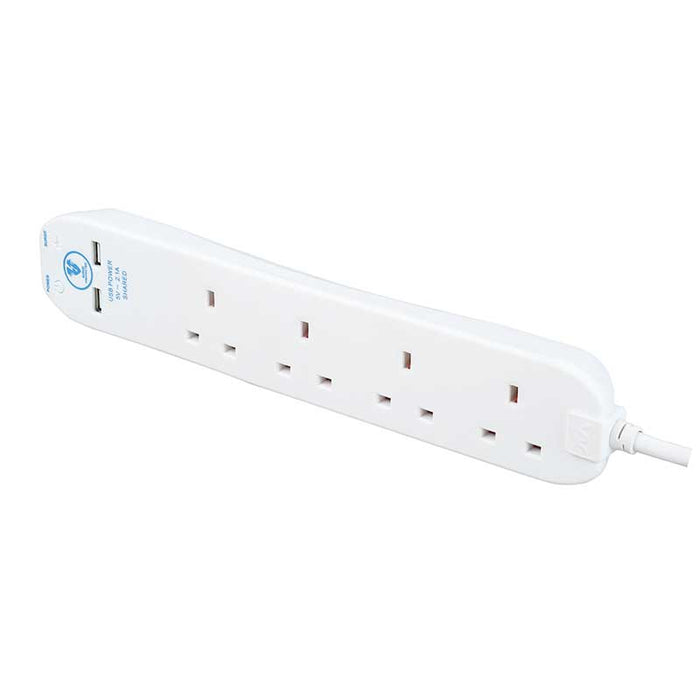 Masterplug 4 Socket 2m 13A Surge Extension Lead + USB White - westbasedirect.com