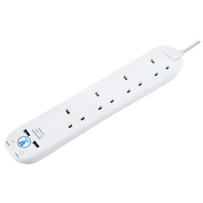 Masterplug 4 Socket 2m 13A Surge Extension Lead + USB White - westbasedirect.com