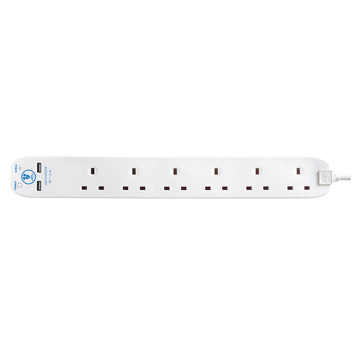 Masterplug 6 Socket 2m 13A Surge Extension Lead + USB White - westbasedirect.com