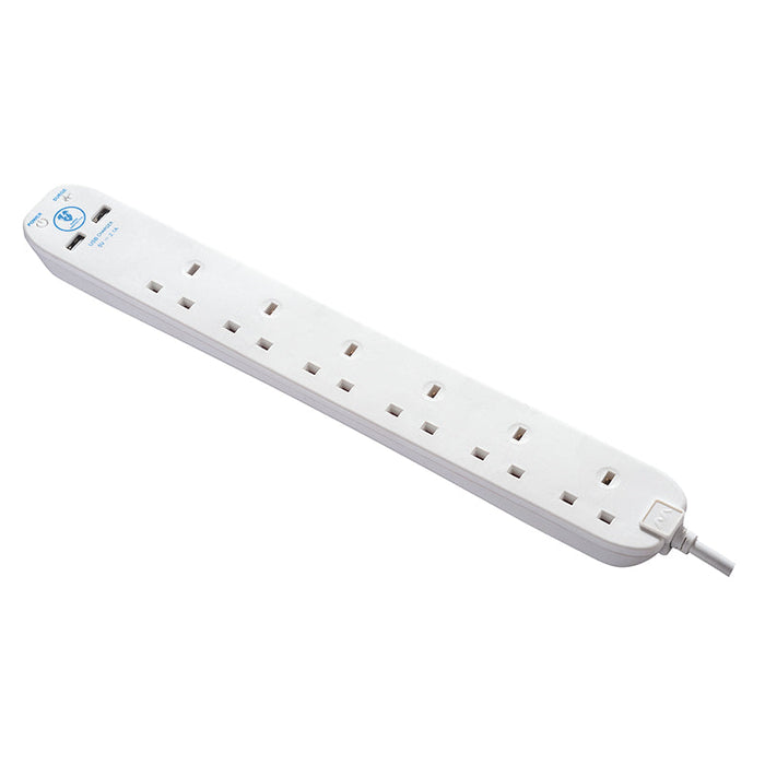 Masterplug 6 Socket 1m 13A Extension Lead + Indicator + 2x2.1A USB White - westbasedirect.com