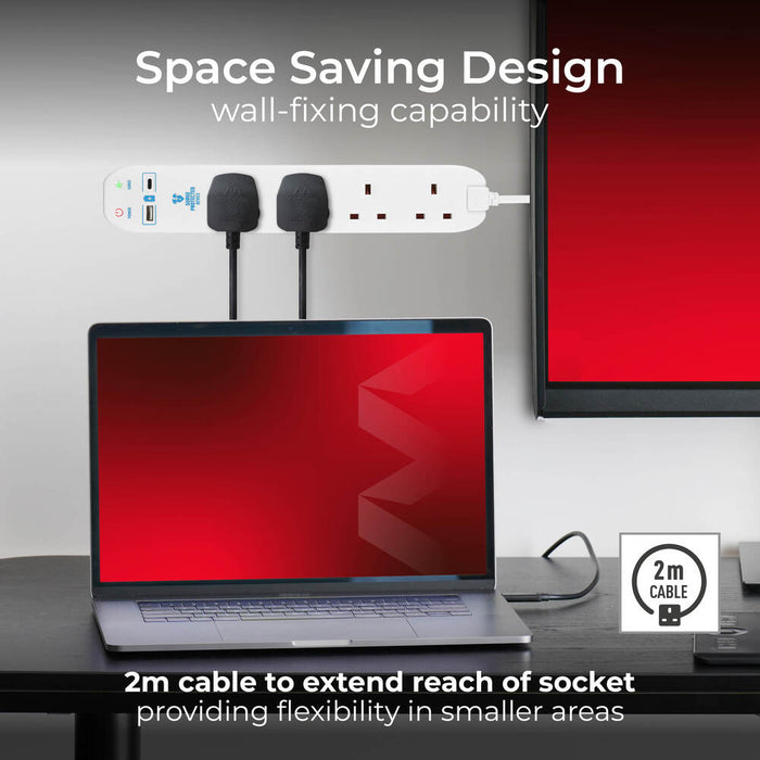Masterplug SRGUAC104210N 4 Socket 2m 13A Surge Extension Lead + USB A+C White