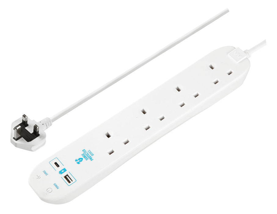 Masterplug SRGUAC1044N 4 Socket 4m 13A Surge Extension Lead + USB A+C White - westbasedirect.com
