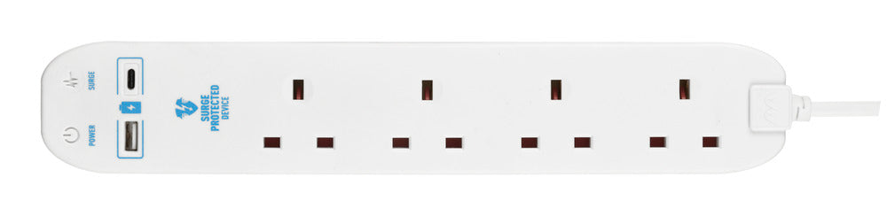 Masterplug SRGUAC1044N 4 Socket 4m 13A Surge Extension Lead + USB A+C White - westbasedirect.com