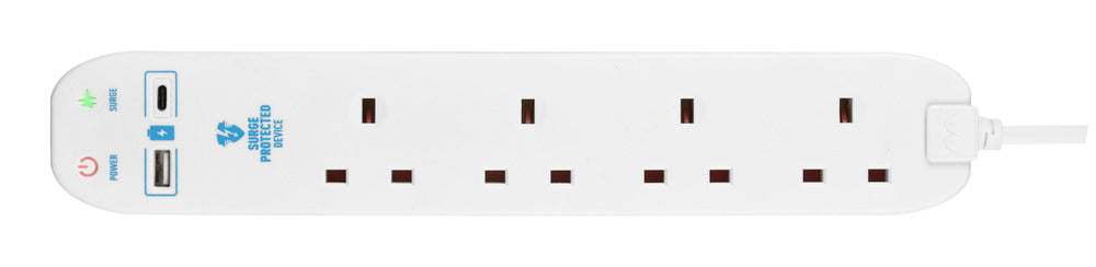 Masterplug SRGUAC1044N 4 Socket 4m 13A Surge Extension Lead + USB A+C White - westbasedirect.com