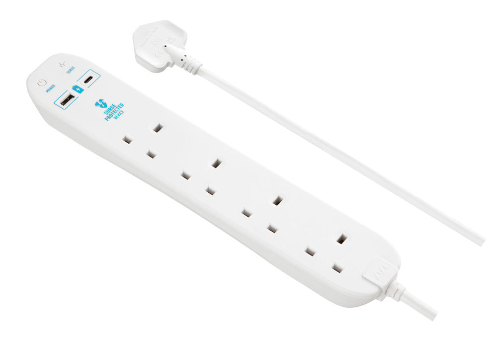 Masterplug SRGUAC1044N 4 Socket 4m 13A Surge Extension Lead + USB A+C White - westbasedirect.com