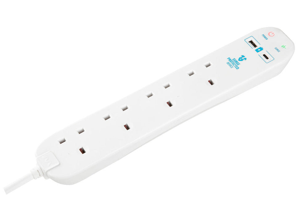 Masterplug SRGUAC1044N 4 Socket 4m 13A Surge Extension Lead + USB A+C White - westbasedirect.com