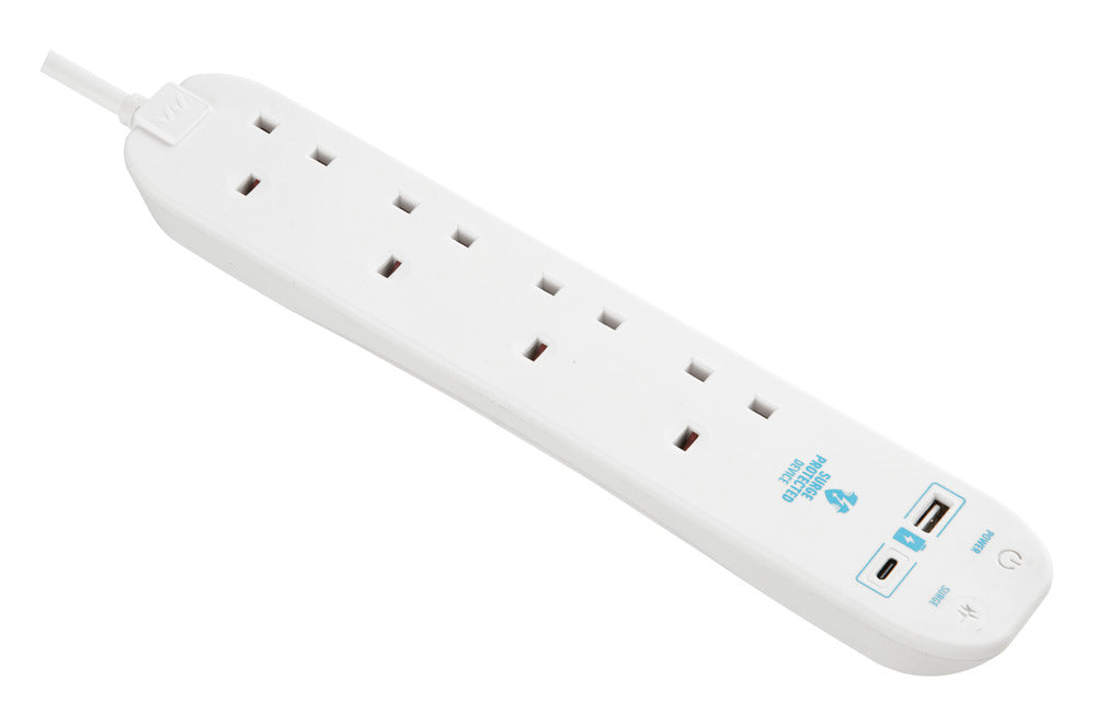 Masterplug SRGUAC1044N 4 Socket 4m 13A Surge Extension Lead + USB A+C White - westbasedirect.com