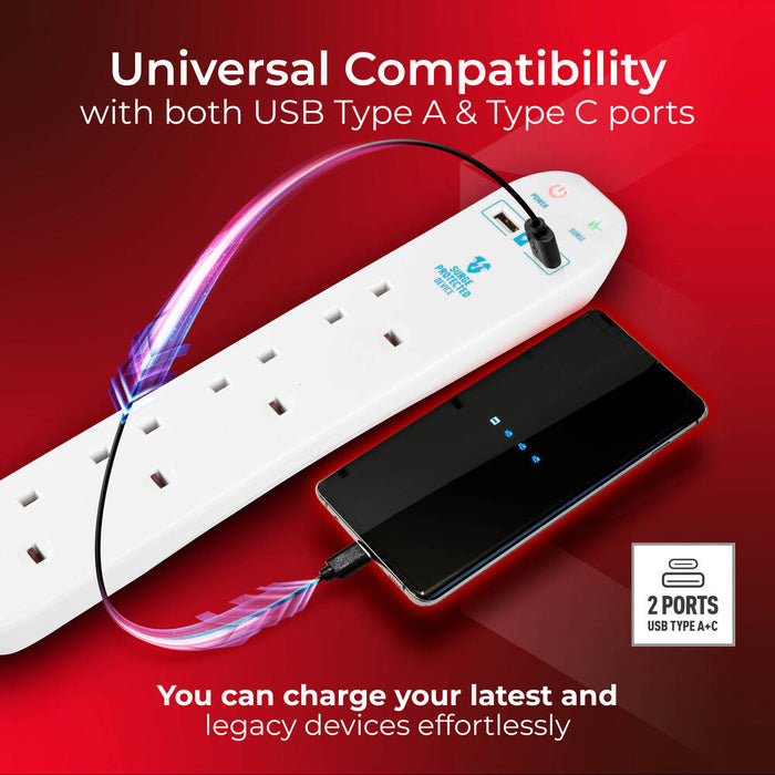 Masterplug SRGUAC1044N 4 Socket 4m 13A Surge Extension Lead + USB A+C White - westbasedirect.com