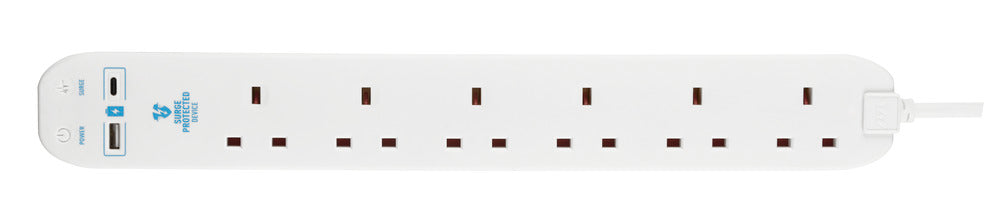 Masterplug SRGUAC106210N 6 Socket 2m 13A Surge Extension Lead + USB A+C White - westbasedirect.com