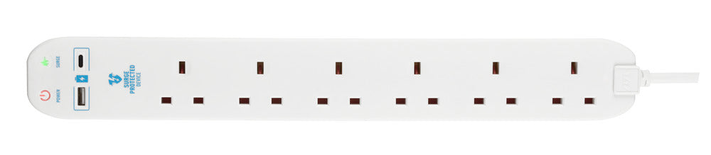 Masterplug SRGUAC106210N 6 Socket 2m 13A Surge Extension Lead + USB A+C White - westbasedirect.com