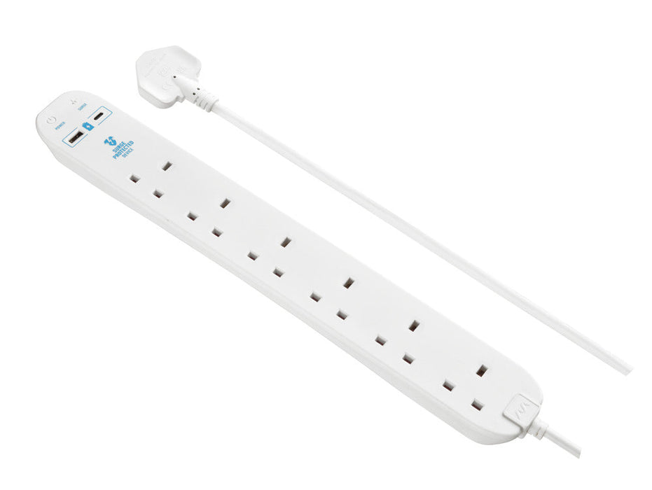 Masterplug SRGUAC106210N 6 Socket 2m 13A Surge Extension Lead + USB A+C White - westbasedirect.com