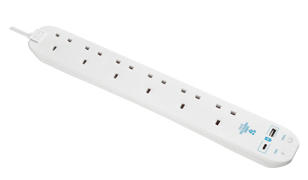 Masterplug SRGUAC106210N 6 Socket 2m 13A Surge Extension Lead + USB A+C White - westbasedirect.com