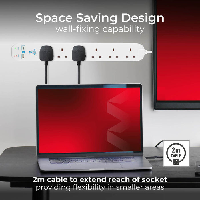 Masterplug SRGUAC106210N 6 Socket 2m 13A Surge Extension Lead + USB A+C White - westbasedirect.com