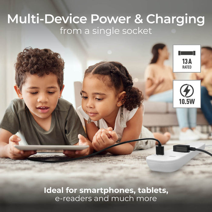 Masterplug SRGUAC106210N 6 Socket 2m 13A Surge Extension Lead + USB A+C White - westbasedirect.com