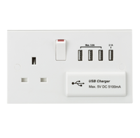 Knightsbridge ST7USB4 White Square Edge 13A Switched Socket + 4xUSB 5V DC 5.1A