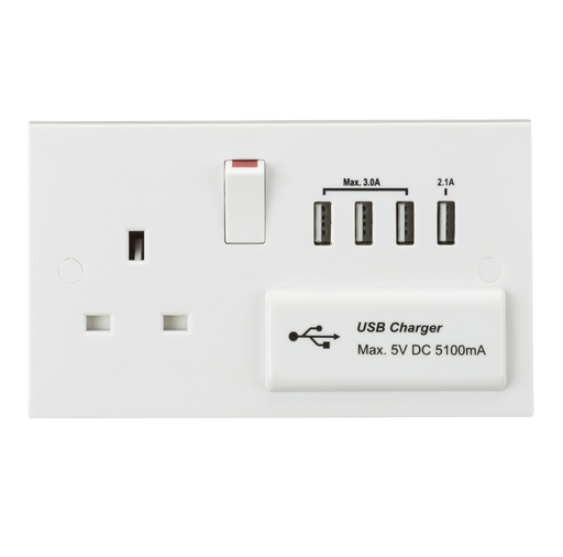 Knightsbridge ST7USB4 White Square Edge 13A Switched Socket + 4xUSB 5V DC 5.1A - westbasedirect.com