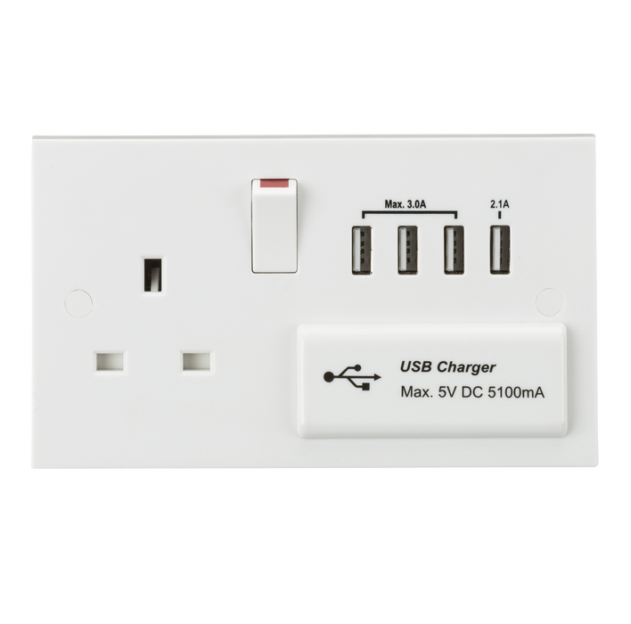 Knightsbridge ST7USB4 White Square Edge 13A Switched Socket + 4xUSB 5V DC 5.1A - westbasedirect.com