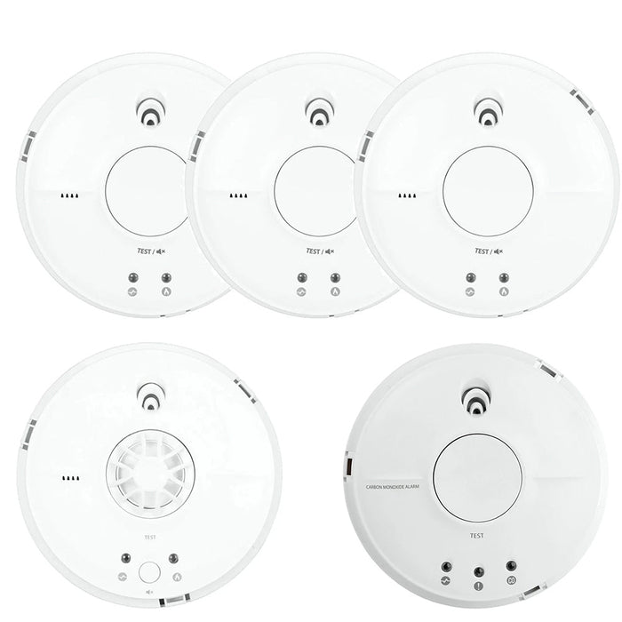FireAngel Mains Powered SW1-PF-T 3x Optical Smoke, HW1-PF-T 1x Heat & CW1-PF-T 1x CO Alarm with Replaceable 9V Battery Back-up