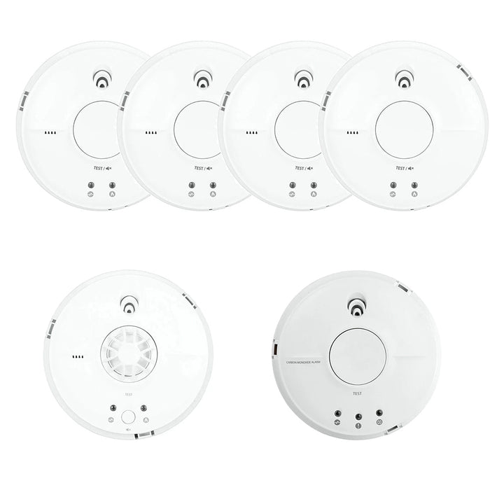 FireAngel Mains Powered SW1-PF-T 4x Optical Smoke, HW1-PF-T 1x Heat & CW1-PF-T 1x CO Alarm with Replaceable 9V Battery Back-up