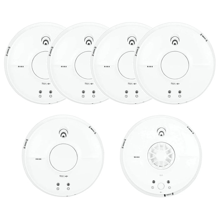 FireAngel Mains Powered SW1-PF-T 5x Optical Smoke & HW1-PF-T 1x Heat Alarm with Replaceable 9V Battery Back-up