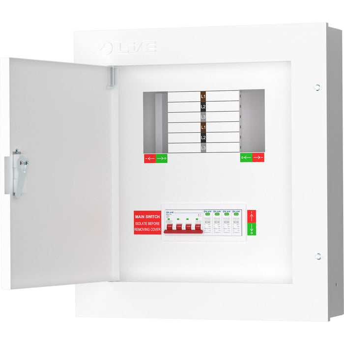 LIVE Electrical TPN04-125S TPN04-125S 4 Way TP&N Distribution Board with 4 Pole 125A Main Switch Incomer & 20/40kA DP SPD