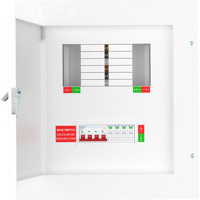 LIVE Electrical TPN04-125S TPN04-125S 4 Way TP&N Distribution Board with 4 Pole 125A Main Switch Incomer & 20/40kA DP SPD