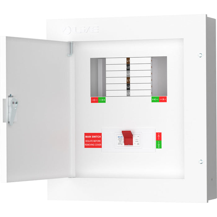 LIVE Electrical TPN04-250 4 Way TP&N Distribution Board with 3 Pole 250A Main Switch Incomer