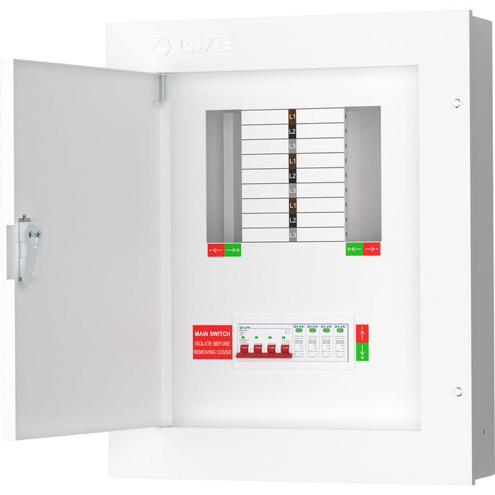 LIVE Electrical TPN06-125S TPN06-125S 6 Way TP&N Distribution Board with 4 Pole 125A Main Switch Incomer & 20/40kA DP SPD
