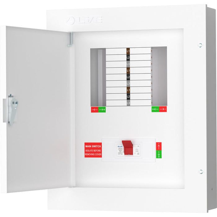 LIVE Electrical TPN06-250 6 Way TP&N Distribution Board with 3 Pole 250A Main Switch Incomer