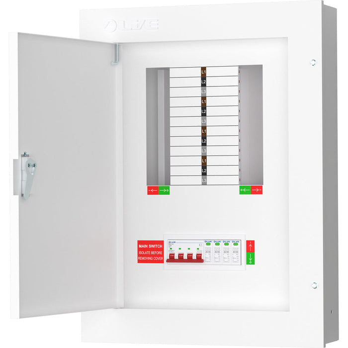 LIVE Electrical TPN08-125S TPN08-125S 8 Way TP&N Distribution Board with 4 Pole 125A Main Switch Incomer & 20/40kA DP SPD