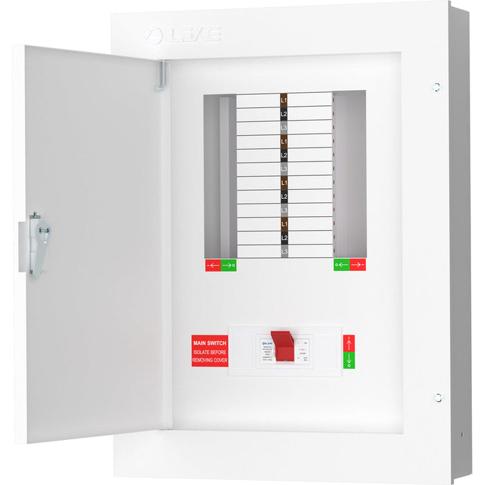 LIVE Electrical TPN08-250 TPN08-250 8 Way TP&N Distribution Board with 3 Pole 250A Main Switch Incomer