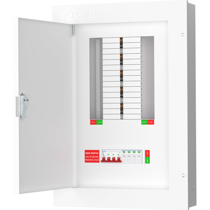 LIVE Electrical TPN10-125S TPN10-125S 10 Way TP&N Distribution Board with 4 Pole 125A Main Switch Incomer & 20/40kA DP SPD