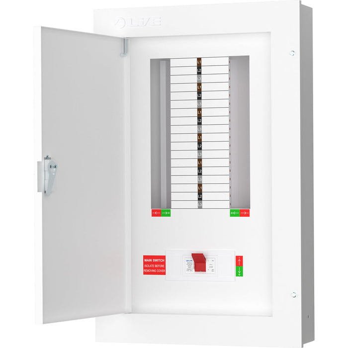LIVE Electrical TPN12-250 TPN12-250 12 Way TP&N Distribution Board with 3 Pole 250A Main Switch Incomer