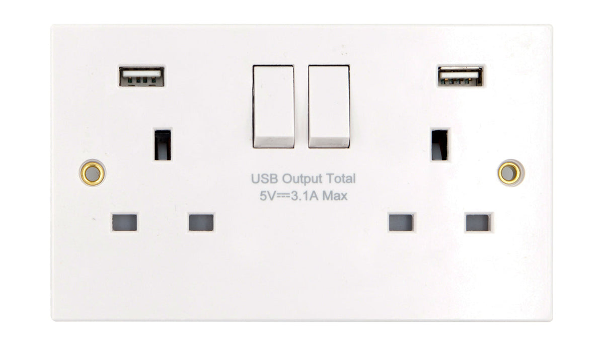 Deta Vimark VS1286 2 Gang 13A Switched Socket with 2x USB Ports – White ...