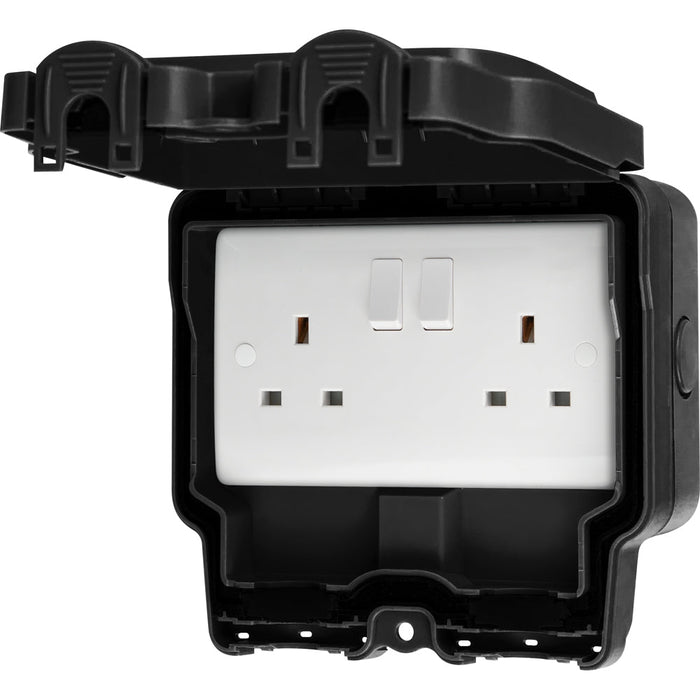 LIVE Electrical WJ2G2P-B Weatherproof IP66 2 Gang 13A Double Pole Switched Socket - Black