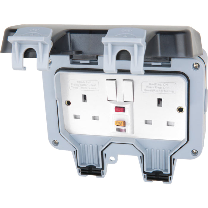 LIVE Electrical WPR2G13A Weatherproof IP66 13A 2 Gang Type A RCD Protected Switched Socket