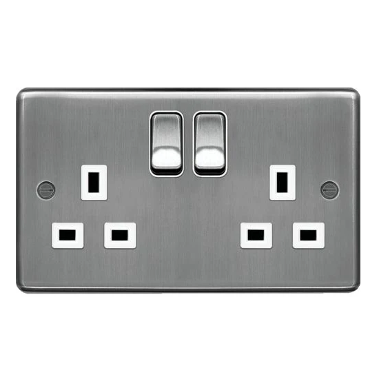 Hager WRSS82BSW Sollysta Raised Plate 13A 2 Gang Double Pole Switch Socket - Brushed Steel + White Insert