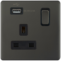 Selectric 5MPLUS-12-60 5M-PLUS Screwless 1 Gang 13A Switched Socket Outlet with 1x USB Type-A (2.1A) - Dark Bronze, Black Insert