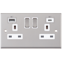 Selectric 7MPRO-163 7M-PRO 2 Gang 13A Switched Socket Outlet with 1x USB Type-A (2.4A) & 1x USB Type-C (3A) - Satin Chrome, White Insert