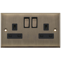 Selectric 7MPRO-622 7M-PRO 2 Gang 13A Switched DP Socket Outlet with 2 Earth Terminals - Antique Brass, Black Insert