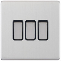 Selectric 5MPLUS-203 5M-PLUS Screwless 3 Gang 2 Way 10AX Plate Switch - Satin Chrome, Black Insert