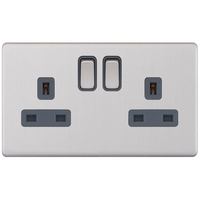 Selectric 5MPLUS-122 5M-PLUS Screwless 2 Gang 13A Switched DP Socket Outlet with 2 Earth Terminals - Satin Chrome, Grey Insert