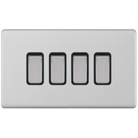 Selectric 5MPLUS-204 5M-PLUS Screwless 4 Gang 2 Way 10AX Plate Switch - Satin Chrome, Black Insert