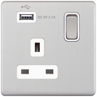 Selectric 5MPLUS-760 5M-PLUS Screwless 1 Gang 13A Switched Socket Outlet with 1x USB Type-A (2.1A) - Satin Chrome, White Insert