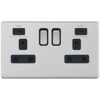 Selectric 5MPLUS-268 5M-PLUS Screwless 2 Gang 13A Switched Socket Outlet with 2x USB Type-C (3A) - Satin Chrome, Black Insert