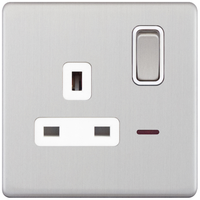 Selectric 5MPLUS-723 5M-PLUS Screwless 1 Gang 13A Switched DP Socket Outlet with Neon - Satin Chrome, White Insert