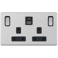 Selectric 5MPLUS-286 5M-PLUS Screwless 2 Gang 13A Switched SP Socket Outlet (Outboard Rockers) + 2 Earth Terminal with 1x USB Type-A (2.4A) & 1x USB Type-C (3A) - Satin Chrome, Black Insert
