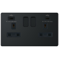 Selectric 5MPLUS-868 5M-PLUS Screwless 2 Gang 13A Switched Socket Outlet with 2x USB Type-C (3A) - Matt Black, Black Insert